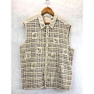 VTG 90s Woven Vest Cream Cotton Linen 2X Victoria Jones Woman Floral Embroidery